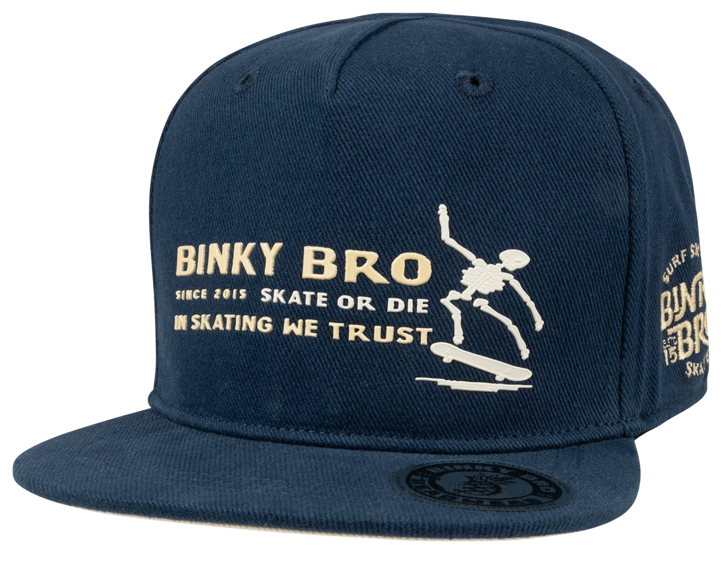 Navy snapback hat featuring a skeleton skateboarding graphic and the text "Binky Bro" and "In Skating We Trust.
