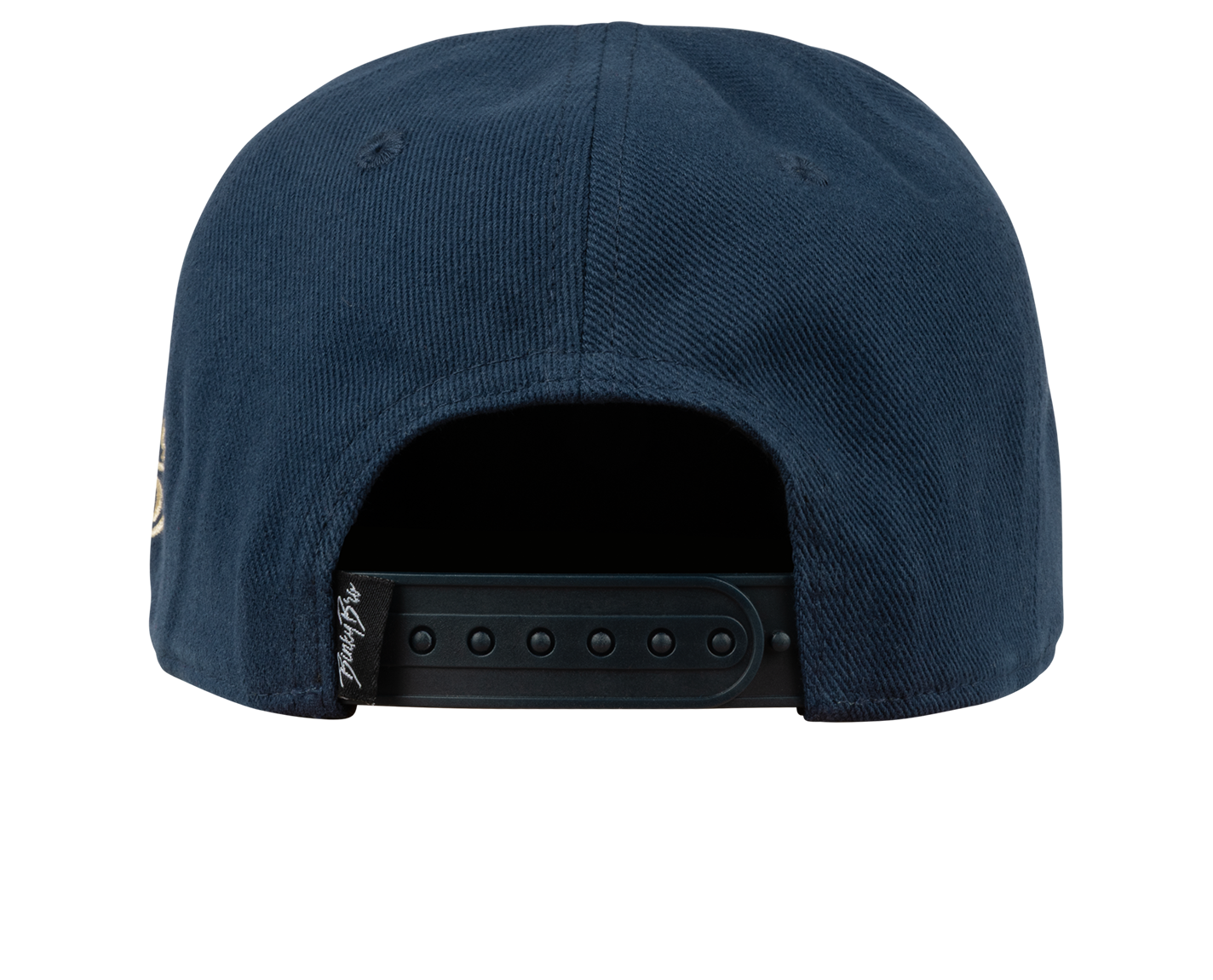 Navy blue snapback hat featuring a classic design with an adjustable strap at the back for a comfortable fit.