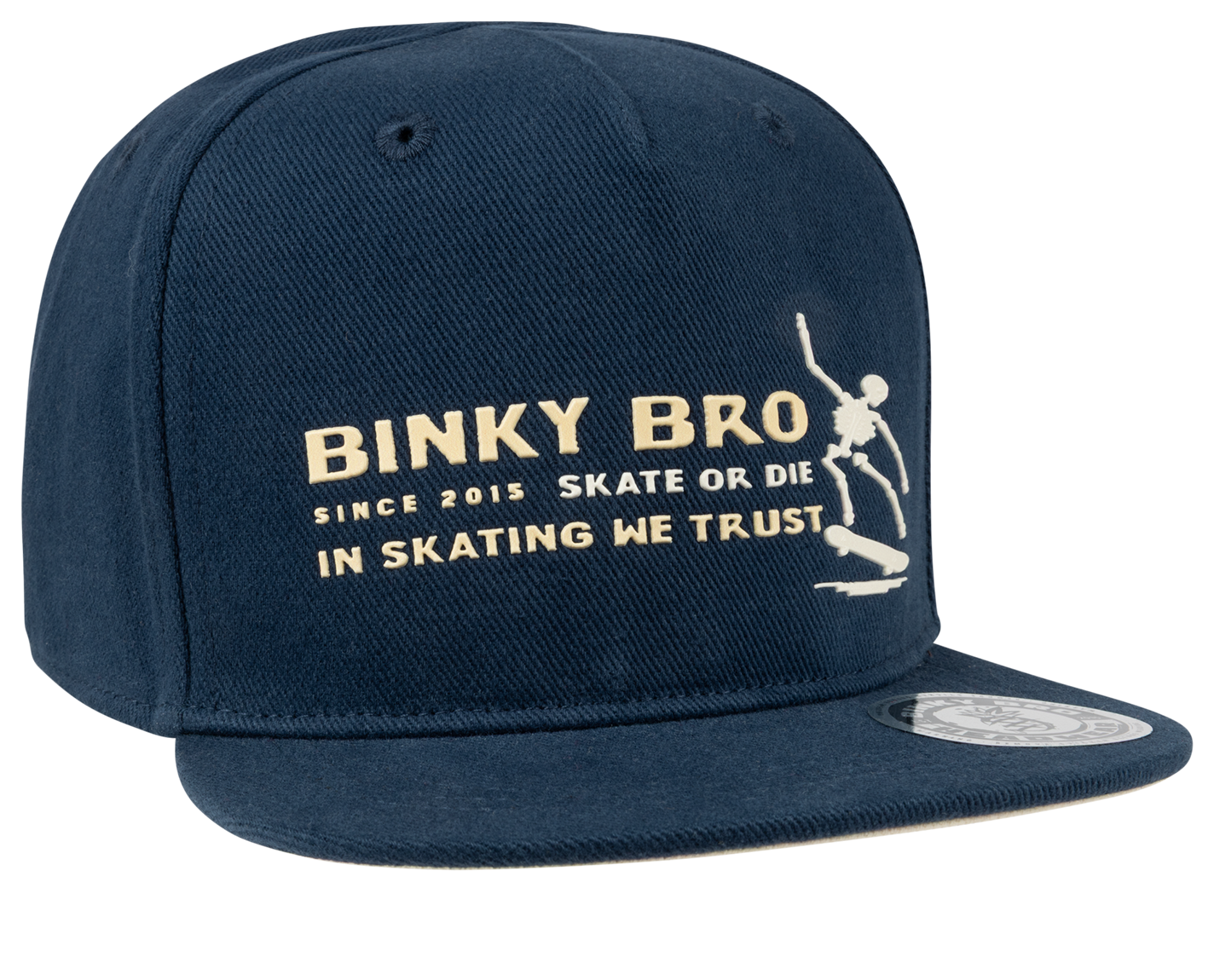 Navy snapback hat featuring "Binky Bro" logo and skateboarding graphic, designed for kids embracing surf-snow-skate culture.
