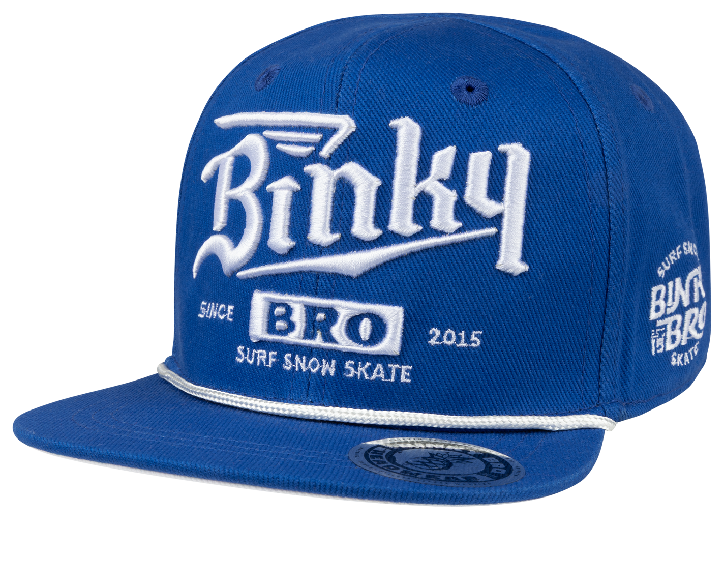 Blue snapback hat featuring embroidered "Binky Bro" logo and surf-snow-skate design, perfect for kids' stylish outdoor wear.