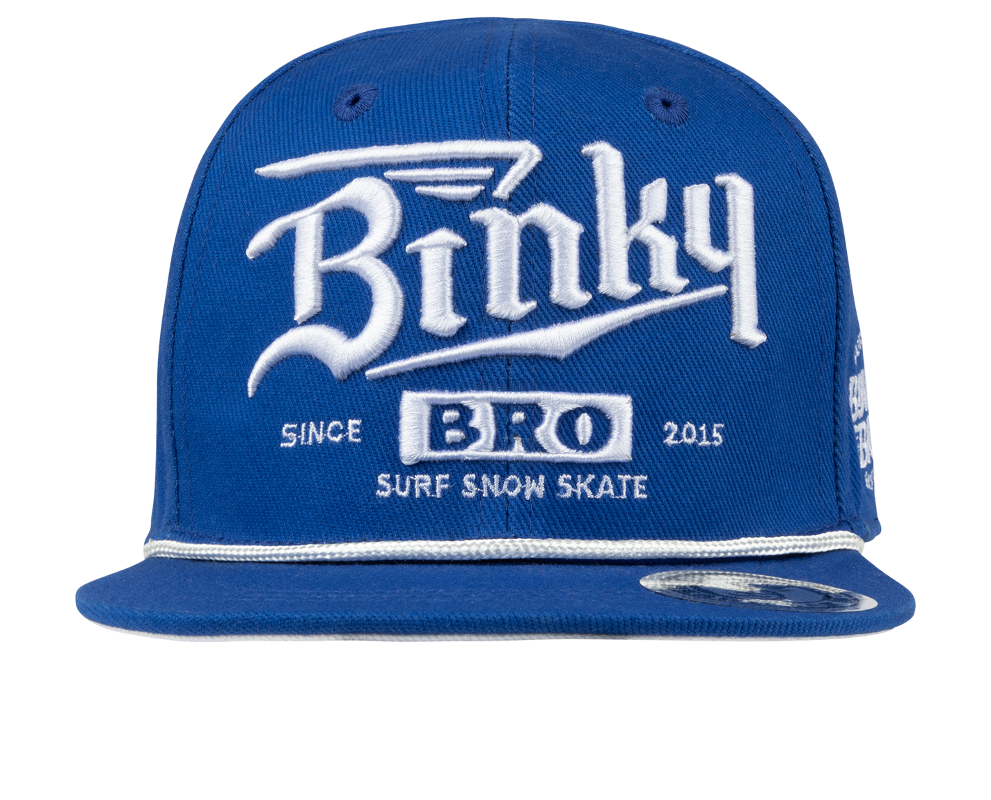 Blue snapback hat featuring "Binky Bro" logo and "Surf Snow Skate" text, designed for stylish kids' apparel.