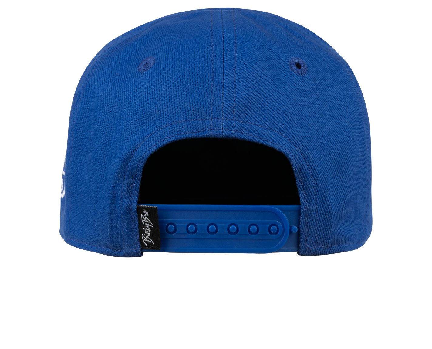 Back view of a blue snapback hat featuring a plastic adjustable strap, designed for kids with a stylish, casual look.