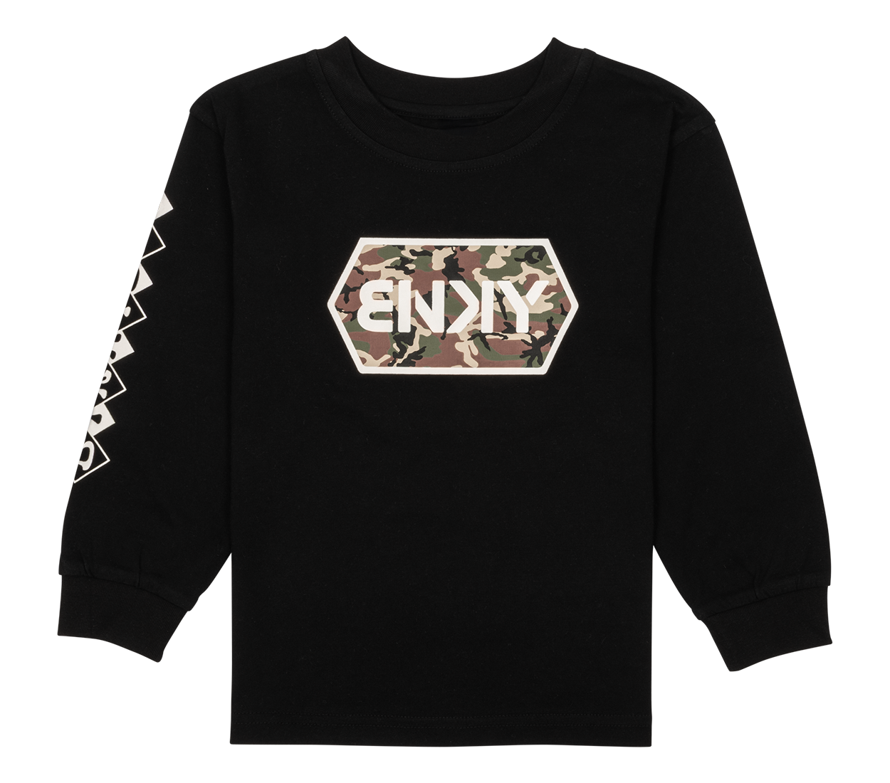 Black long-sleeve shirt featuring a camouflage hexagon logo and tiger stripe design on the sleeves for kids.