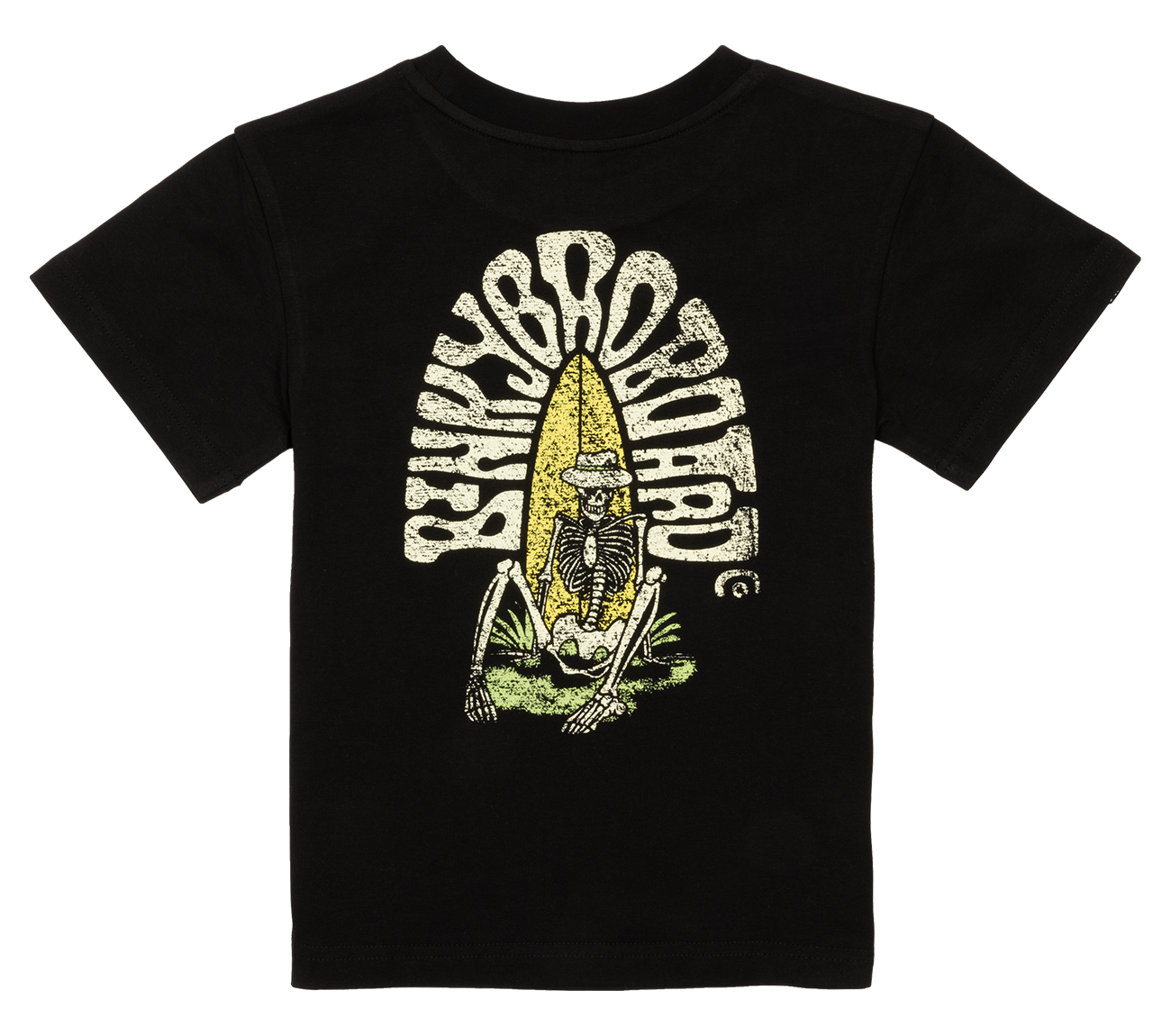 Black toddler t-shirt featuring a skeleton with a surfboard design, embodying a cool surf-snow-skate vibe.