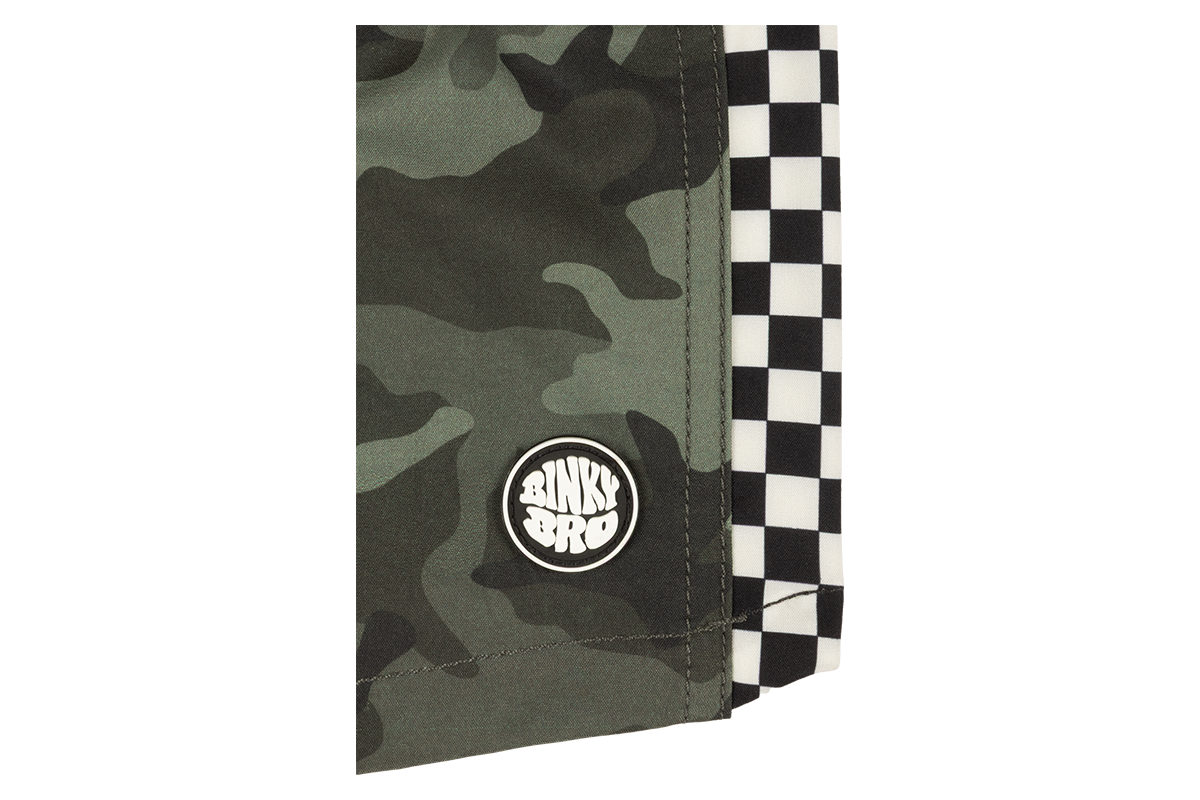 Stylish camo shorts with a checkered pattern and BinkyBro logo, designed for infants and toddlers.