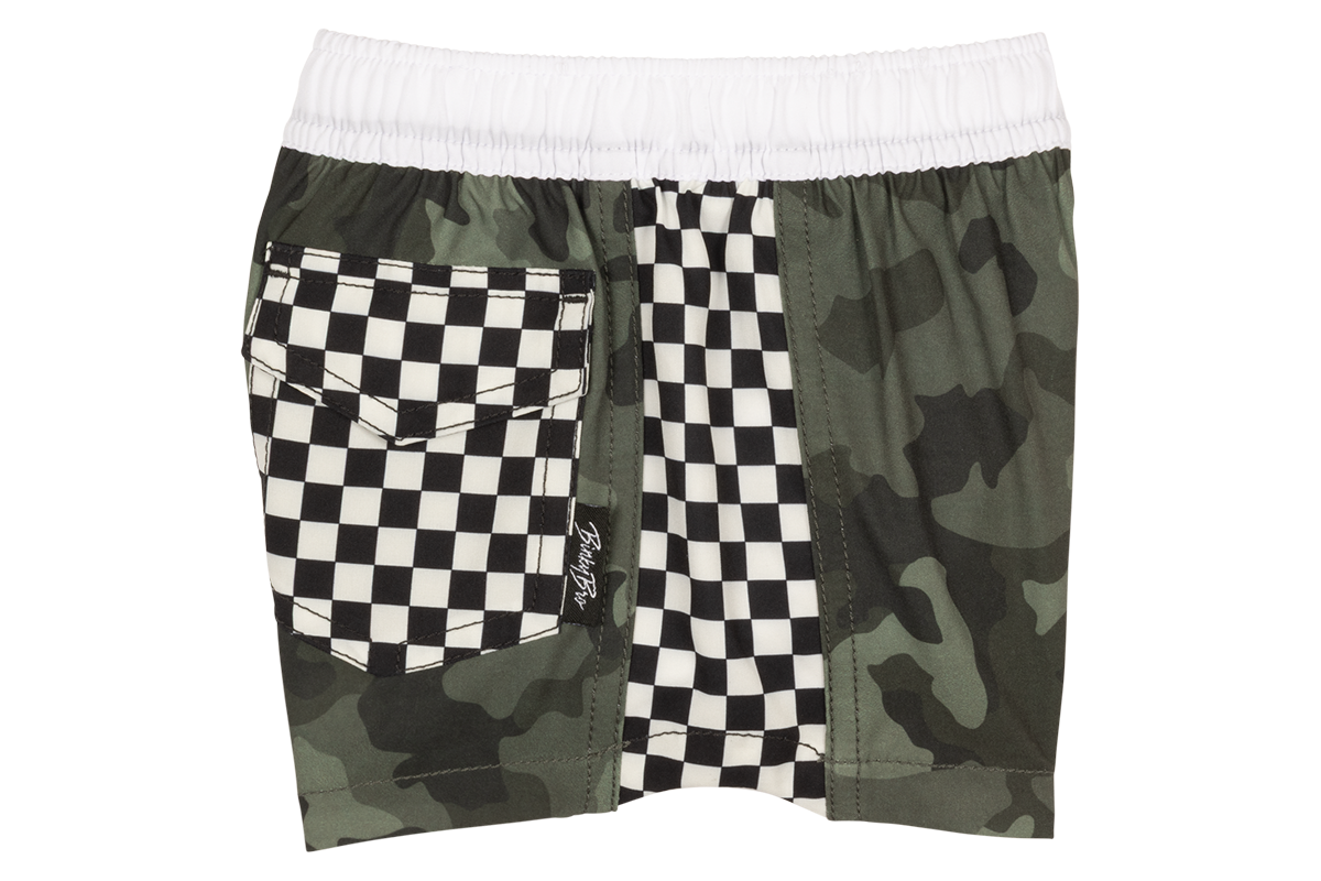 Stylish camo and checkerboard print shorts for kids, featuring an elastic waistband and a back pocket.