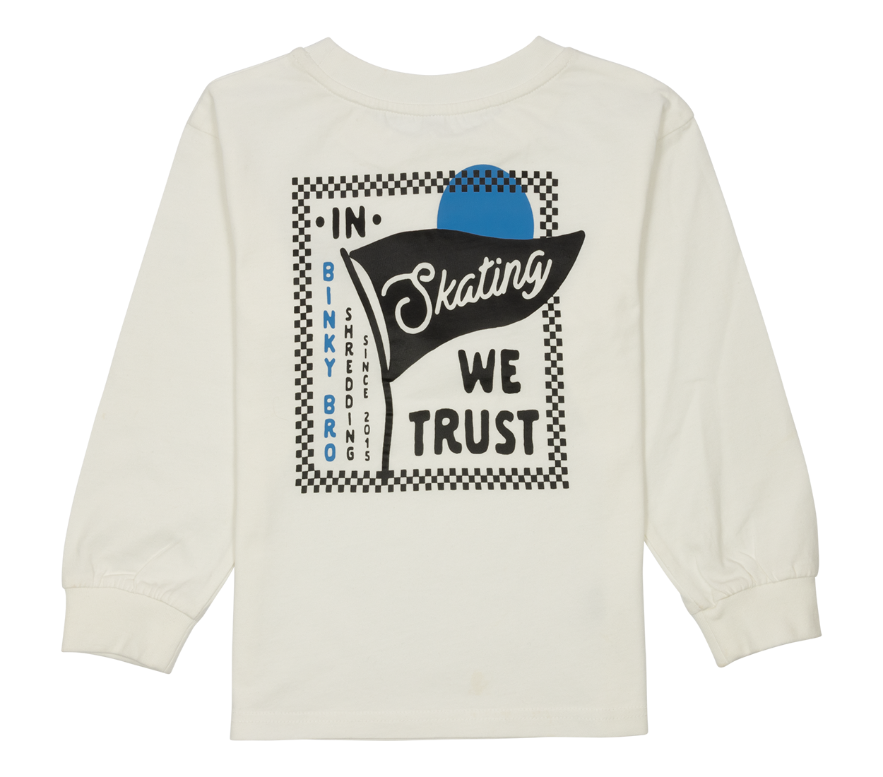 Long-sleeve shirt featuring bold graphic text "In Skating We Trust" with a checkered border, ideal for young skate enthusiasts.
