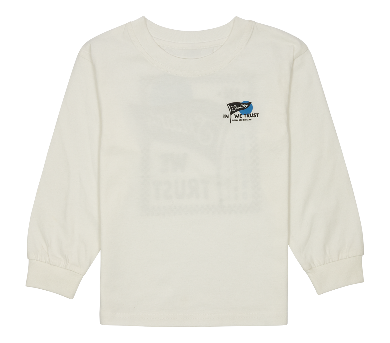 Long-sleeve white shirt featuring "In We Trust" graphic, designed for kids with a skateboarding theme.