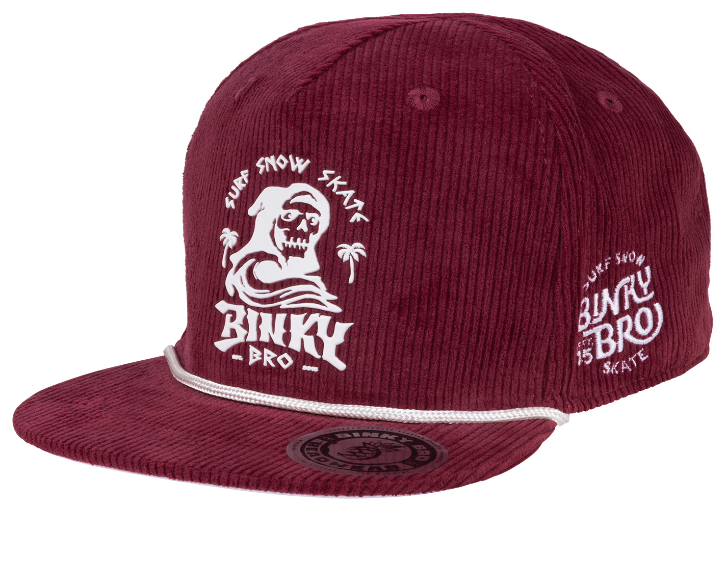Maroon corduroy snapback hat featuring a white graphic of a wave and skull, with BinkyBro branding on the side.