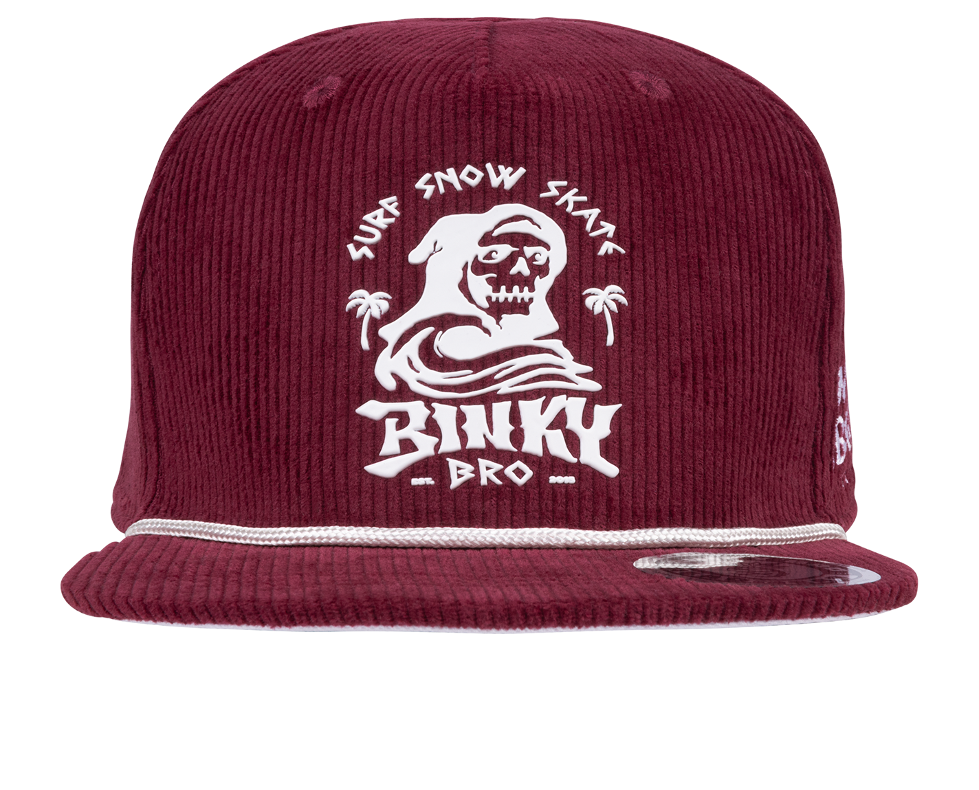 Maroon corduroy snapback hat featuring a graphic of a skeleton in a surf hat, with "Binky Bro" and surf-snow-skate text.