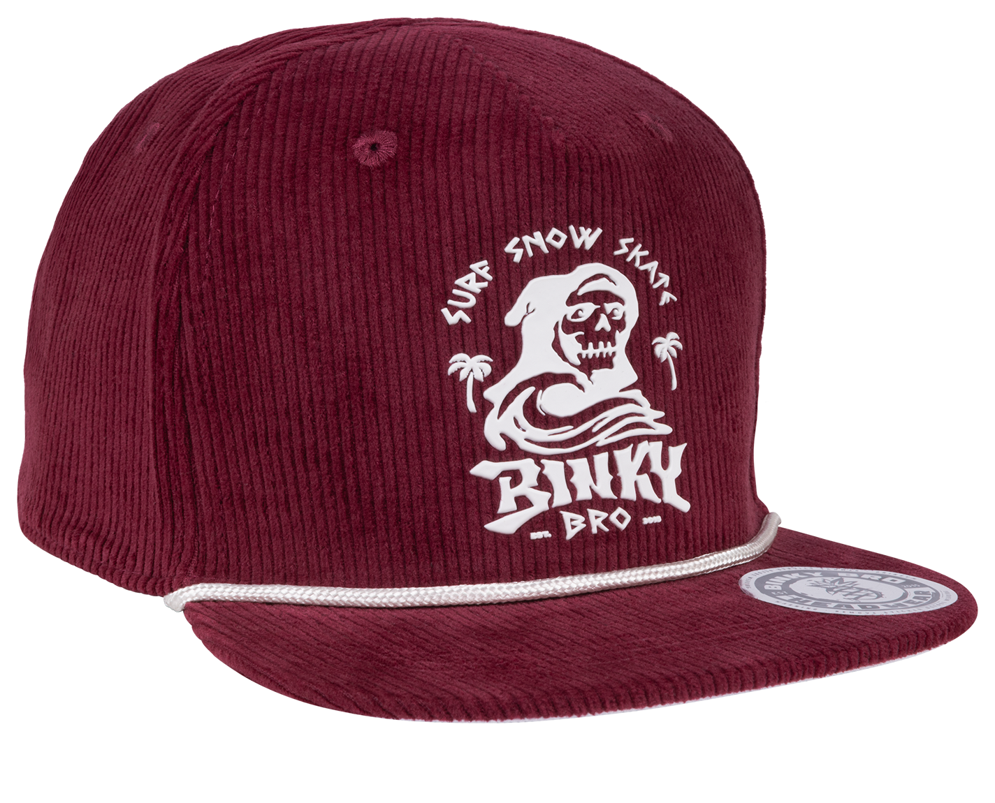 BinkyBro Tsunami snapback hat in burgundy corduroy featuring a surf-themed graphic and white rope detail.