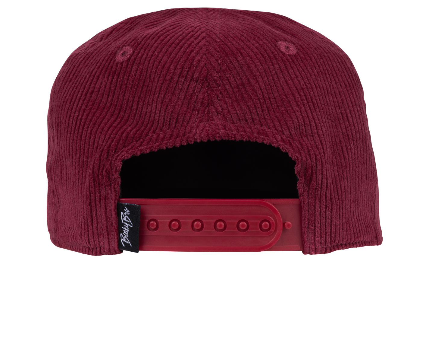 Back view of a maroon corduroy snapback hat featuring an adjustable strap, designed for stylish kids' wear.