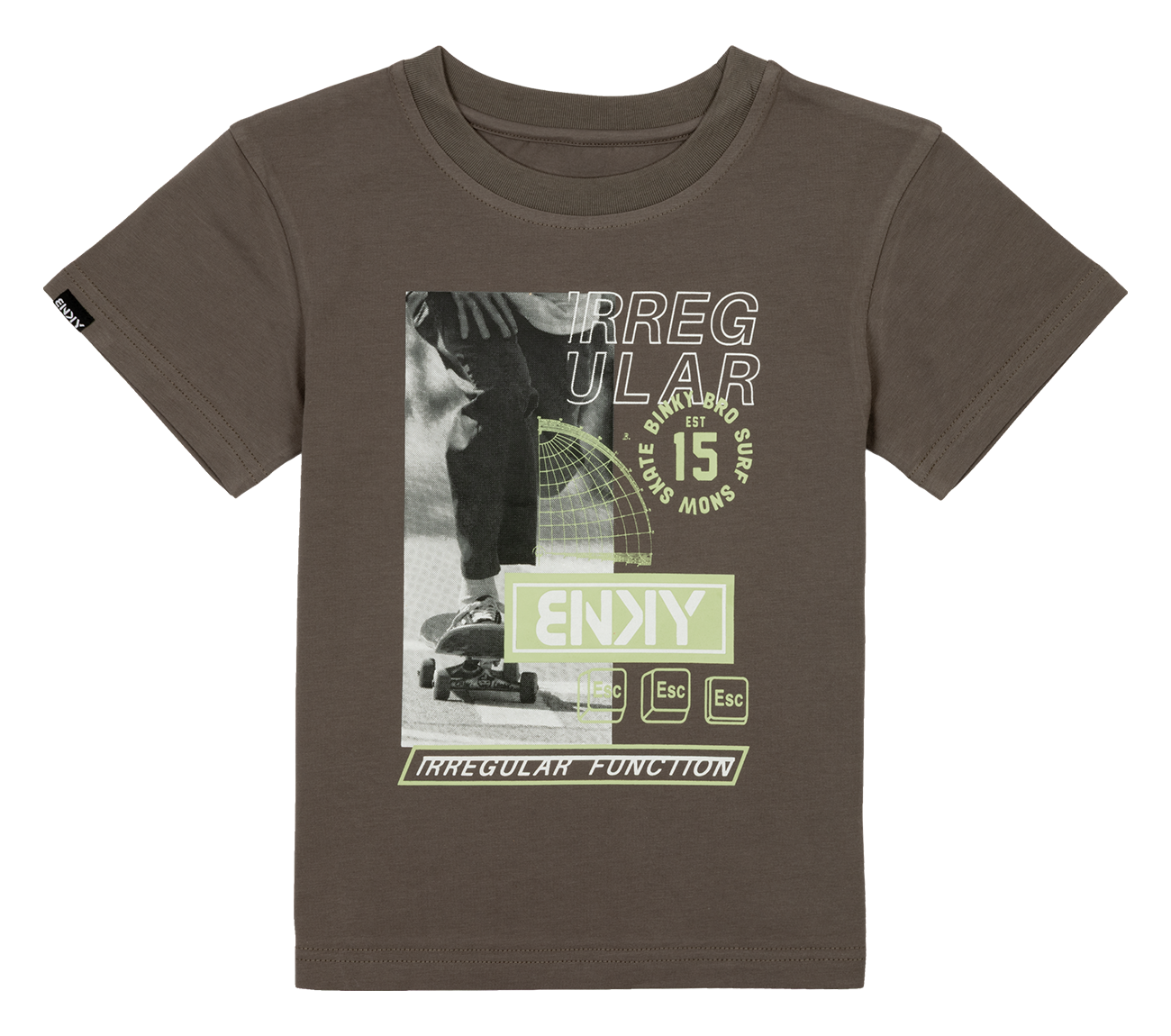 Stylish brown youth t-shirt featuring a skateboard graphic and bold text, perfect for active kids embracing a surf-snow-skate lifestyle.