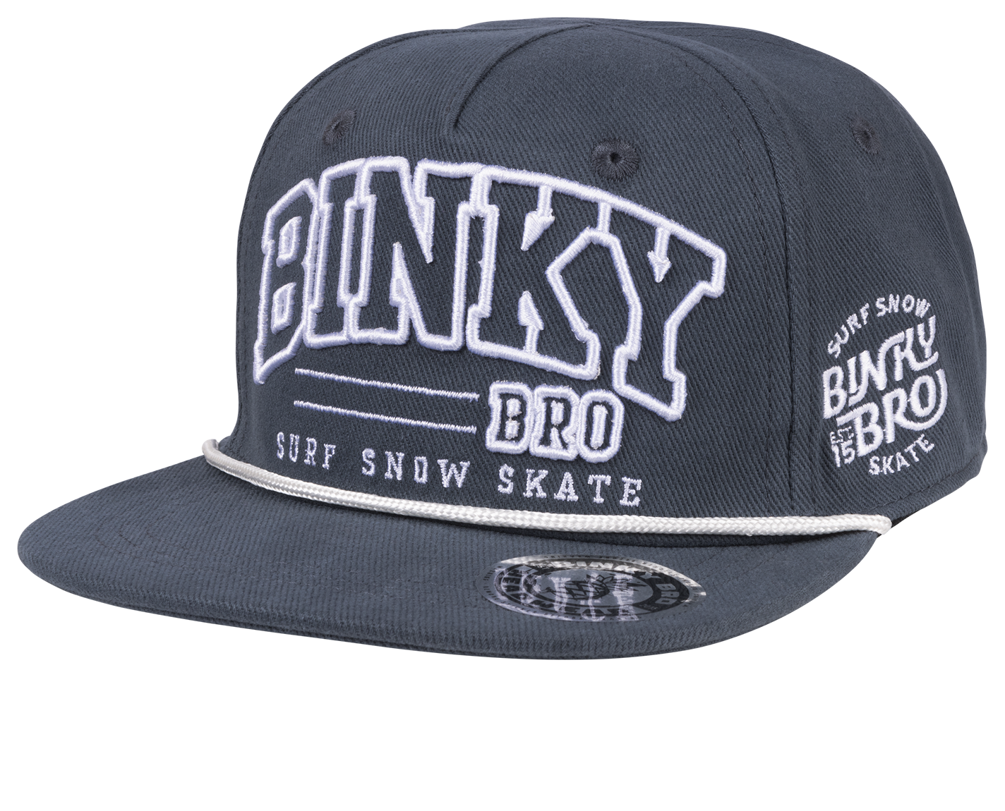 Stylish dark blue snapback hat featuring bold white "Binky Bro" logo and surf-snow-skate graphics, perfect for kids.