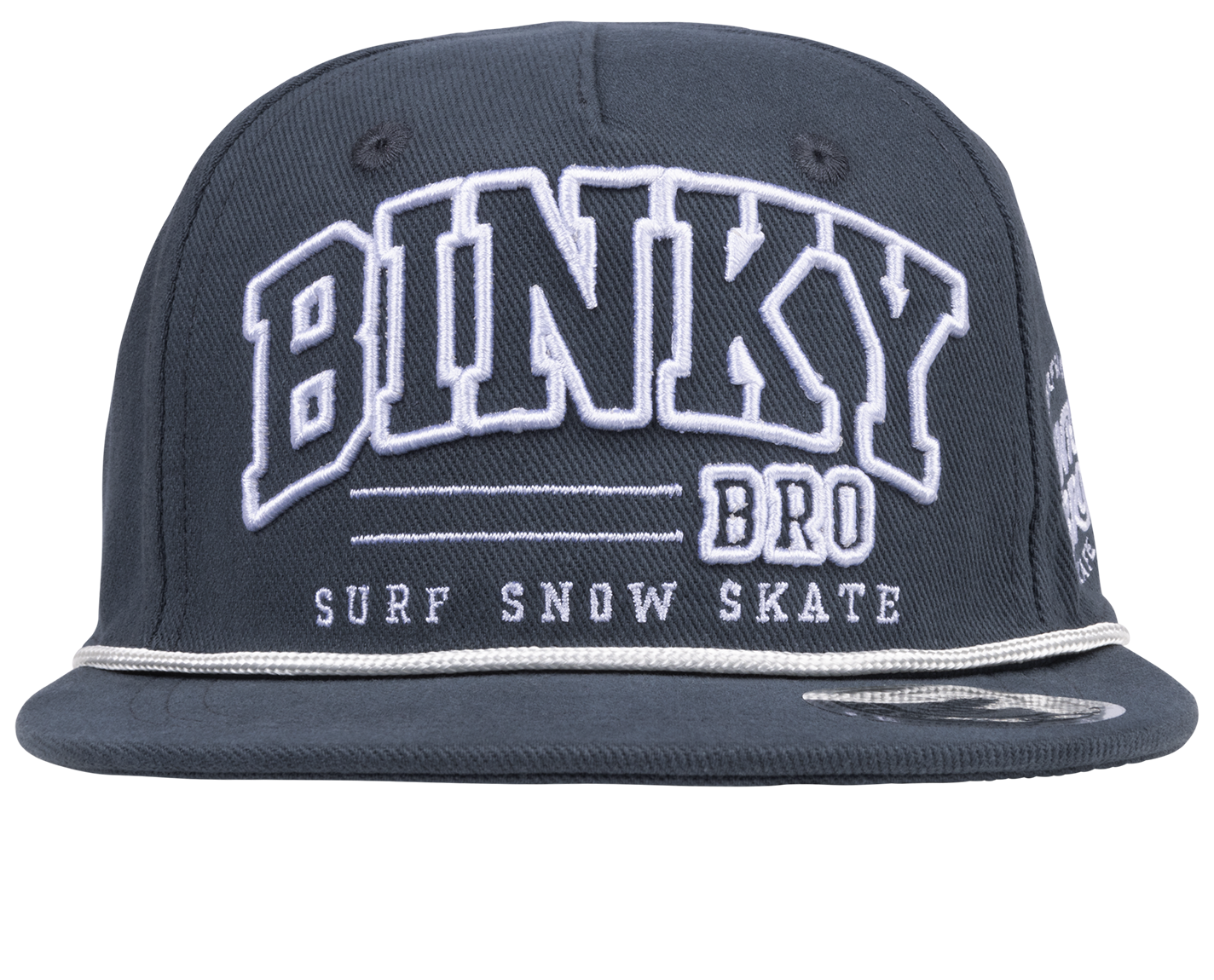 Stylish navy snapback hat featuring "Binky Bro" logo and "Surf Snow Skate" text, perfect for kids' active lifestyle.