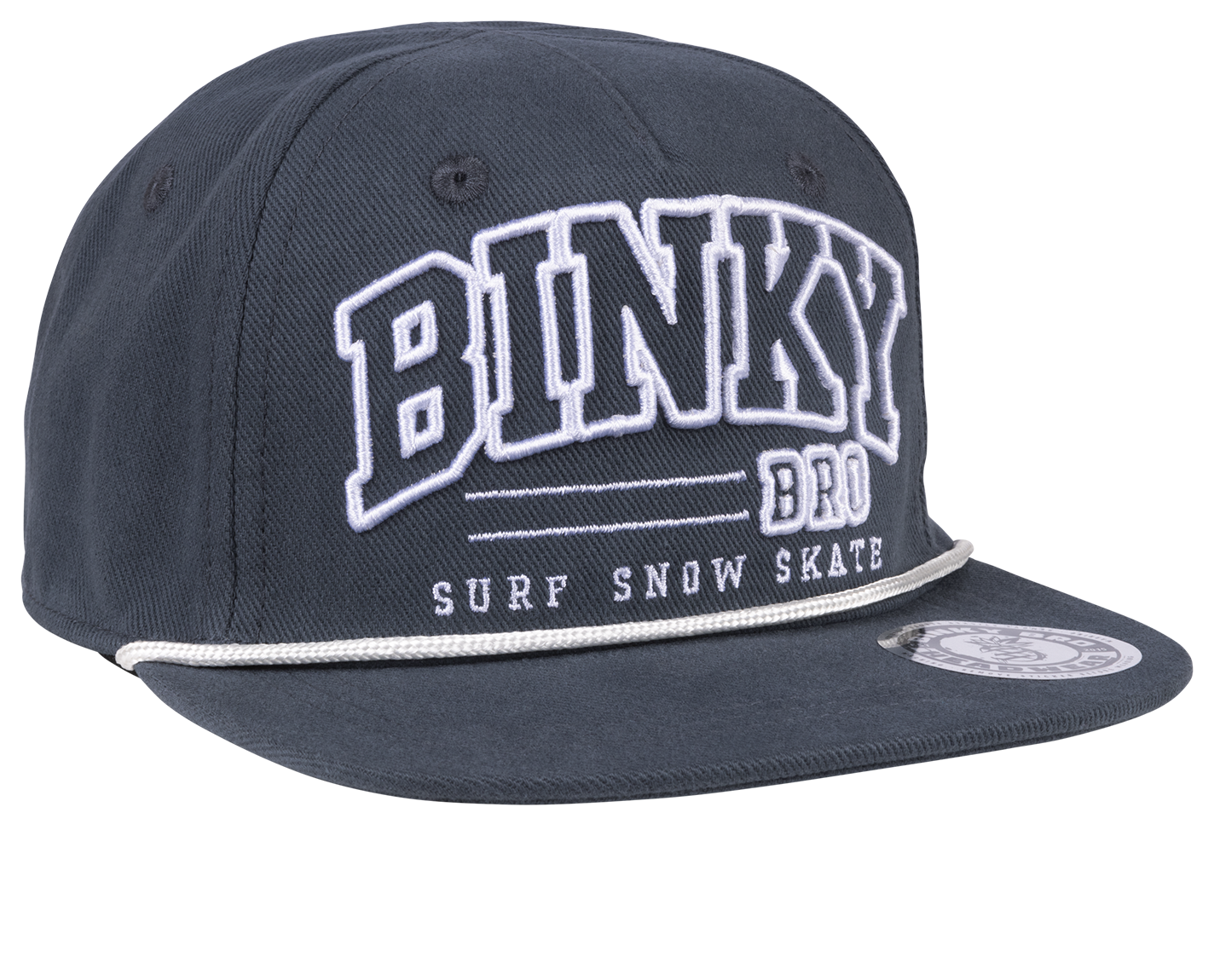 Stylish navy snapback hat featuring bold white "Binky Bro" logo and surf-snow-skate theme, perfect for kids.