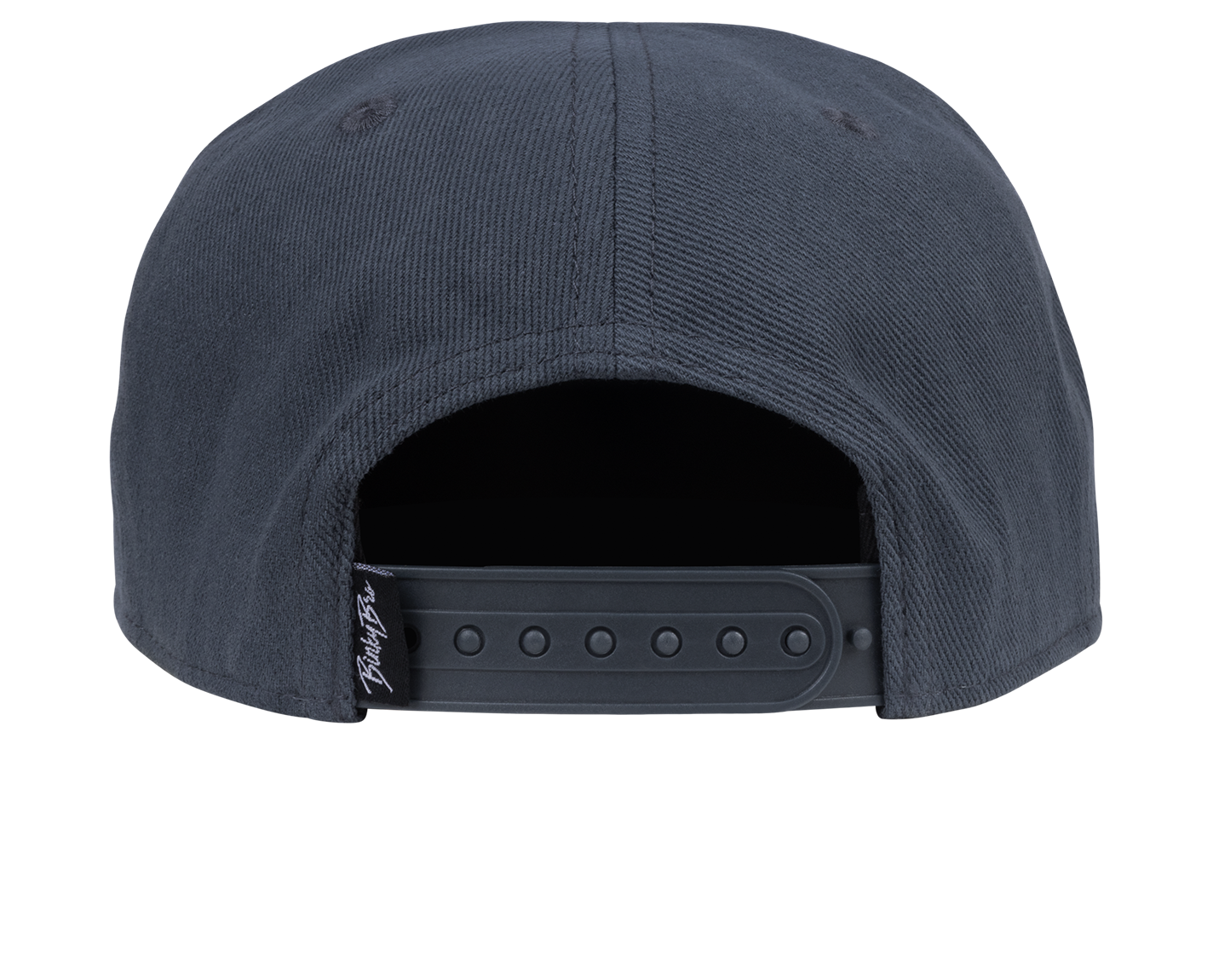 Back view of a stylish dark gray snapback hat with an adjustable strap, designed for a trendy youth audience.