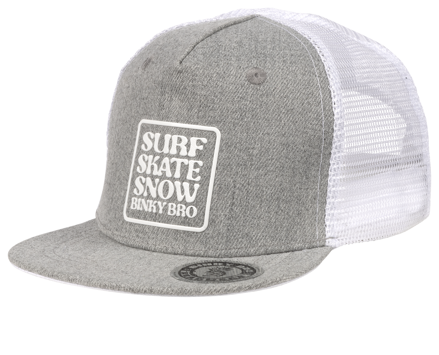 Gray snapback hat with a white mesh back, featuring a bold "Surf Skate Snow Binky Bro" logo on the front.