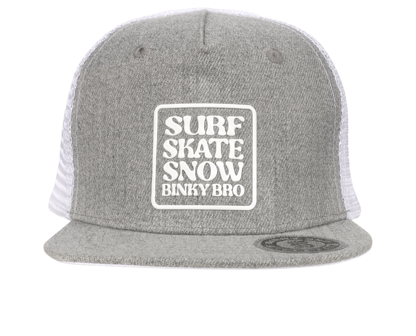 Gray snapback hat featuring a bold "Surf Skate Snow Binky Bro" graphic, perfect for stylish kids who love adventure.