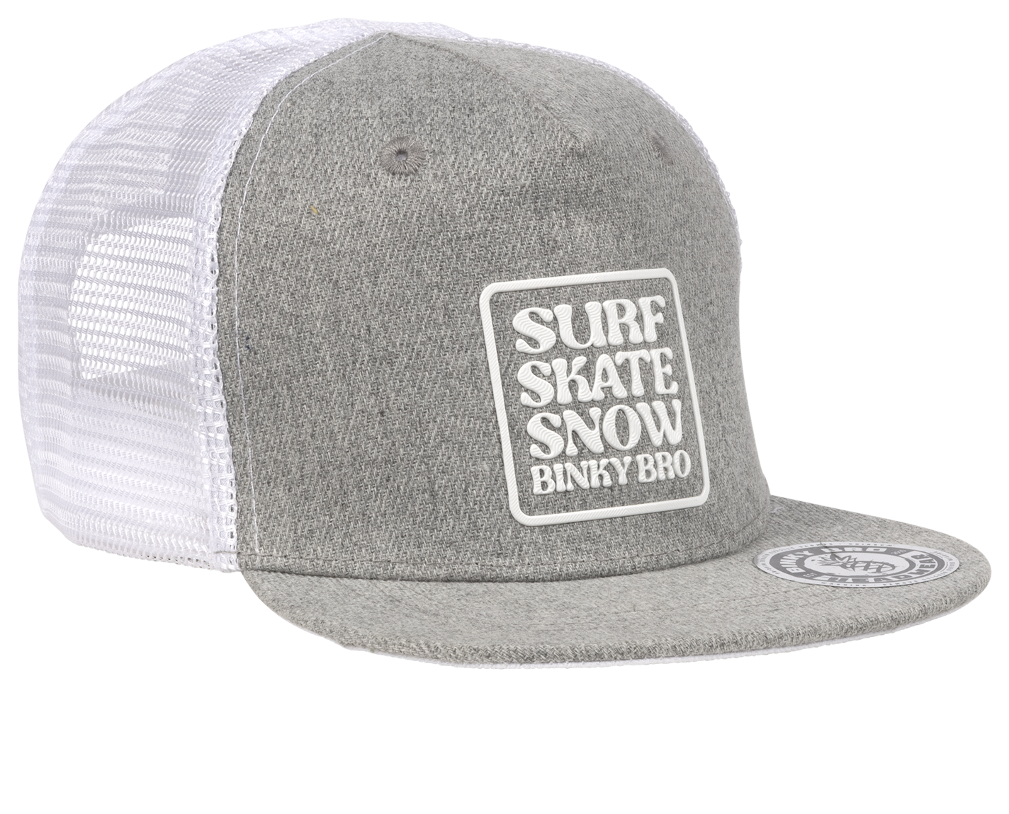 Gray snapback hat with a white mesh back featuring "SURF SKATE SNOW BINKY BRO" logo, perfect for kids' active lifestyles.
