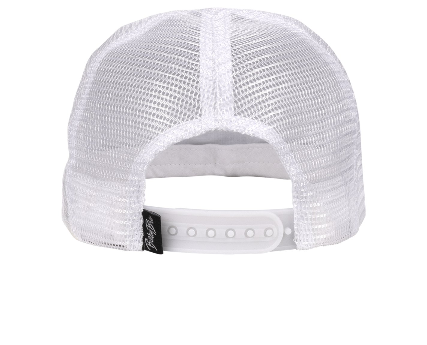 White mesh snapback hat with a plastic adjustable strap, designed for infants and toddlers, perfect for stylish outdoor wear.