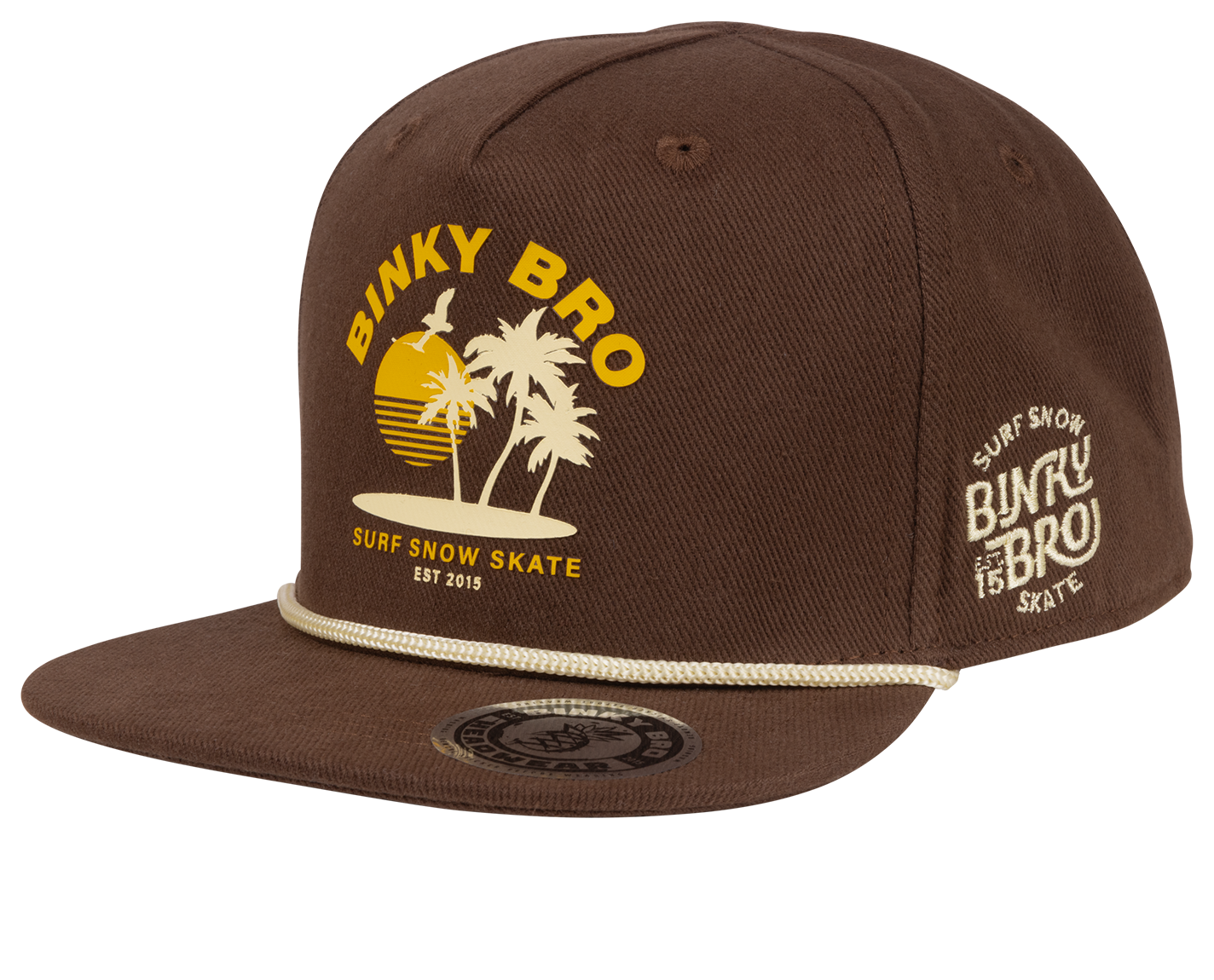 Brown snapback hat featuring a sunset and palm tree graphic with "Binky Bro" branding, designed for kids' surf and skate style.
