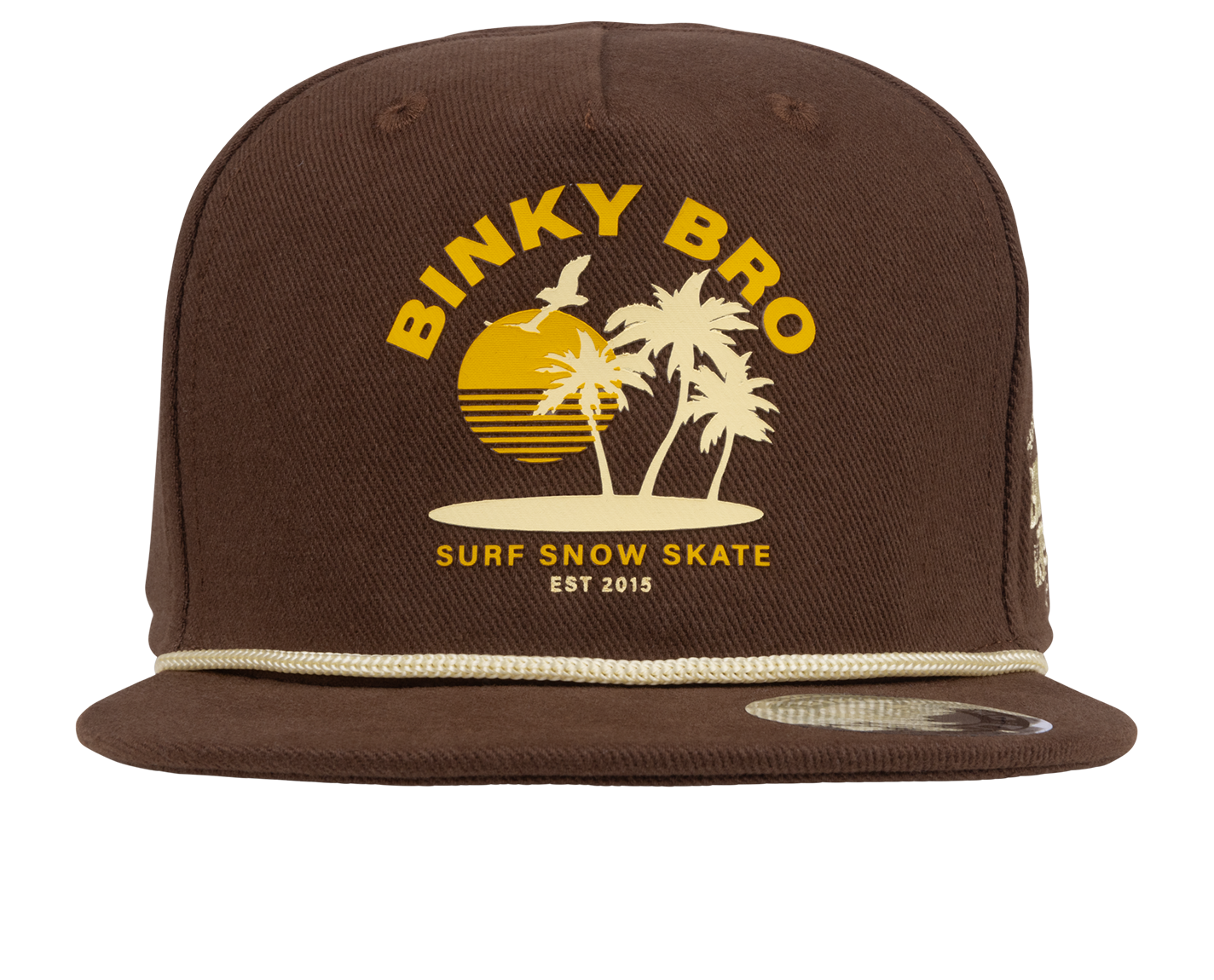 Brown snapback hat featuring a yellow Binky Bro logo with palm trees and a sunset, designed for kids' surf and skate style.