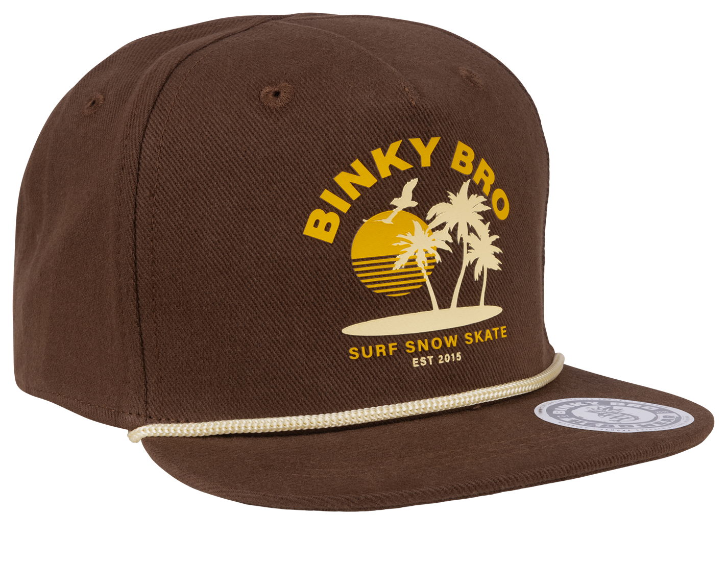 Brown snapback hat featuring a retro sunset design with palm trees and "Binky Bro" branding, perfect for kids.