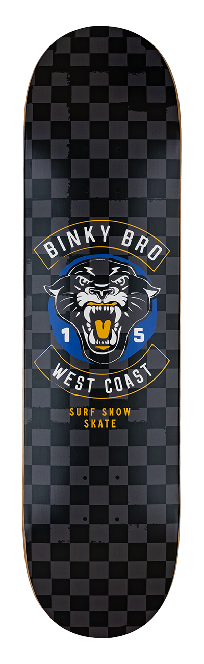 BinkyBro Wallenberg skateboard featuring a black and blue checkered design with a fierce panther graphic and "West Coast" text.