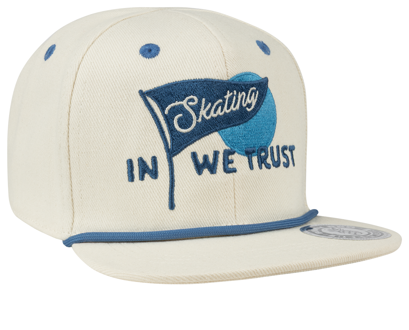 Stylish cream snapback hat featuring blue "Skating In We Trust" embroidery and a contrasting blue trim.