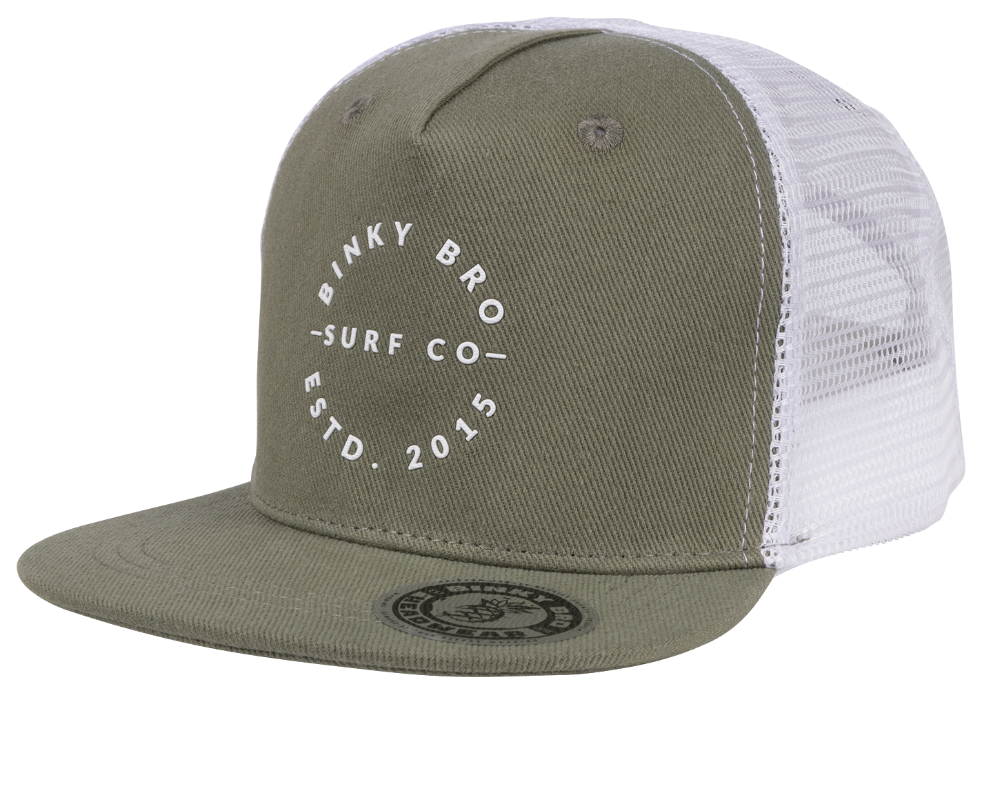 Stylish olive green snapback hat with white mesh back, featuring Binky Bro Surf Co logo and established date 2015.