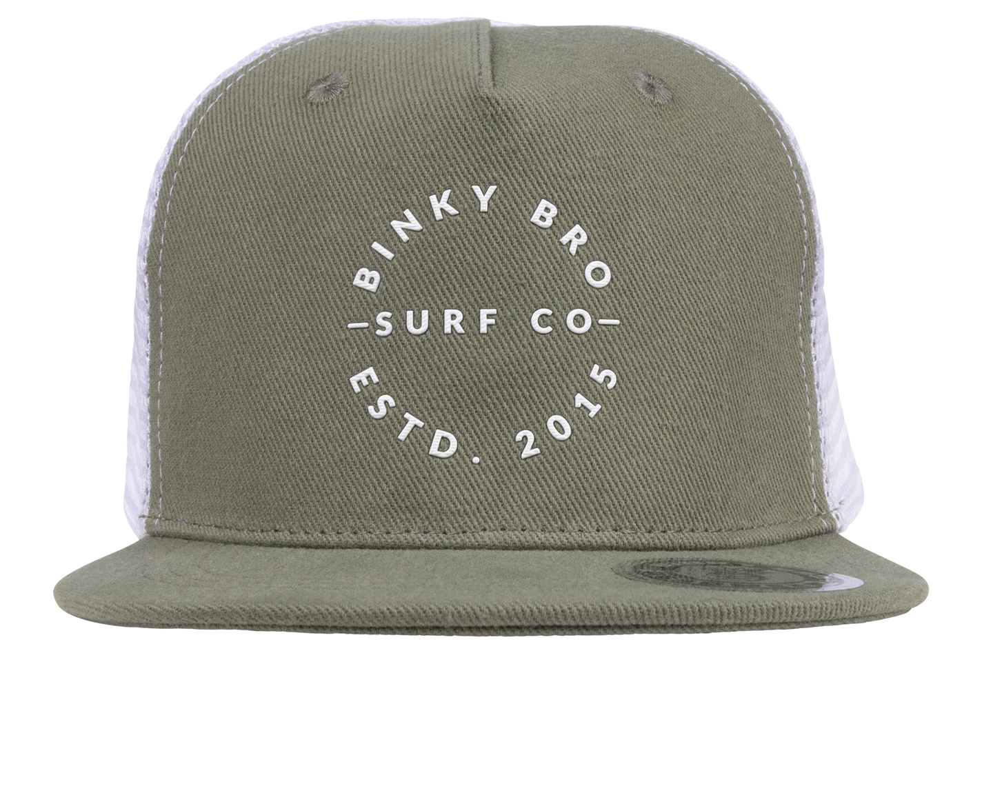 Stylish olive green snapback hat featuring Binky Bro Surf Co logo and established date, perfect for kids' outdoor adventures.