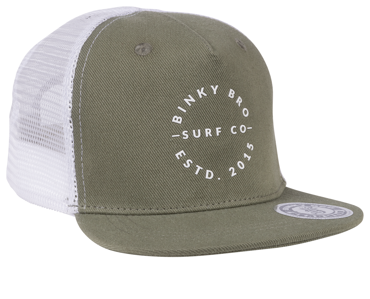 Stylish olive green snapback hat with white mesh back, featuring Binky Bro Surf Co logo and established date.