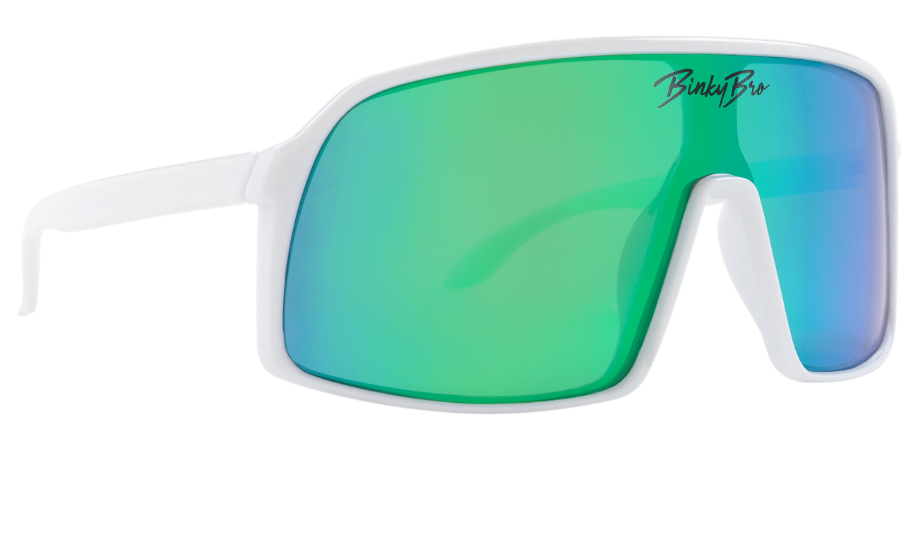 Stylish Monteverde sunglasses with a white frame and green mirrored lenses, perfect for kids' outdoor adventures.
