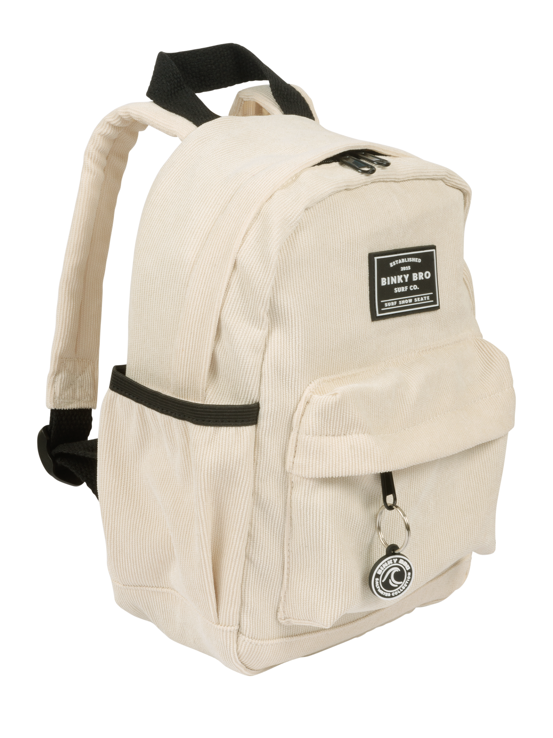 Cream corduroy backpack with adjustable straps, front pocket, and BinkyBro logo, perfect for stylish kids on the go.