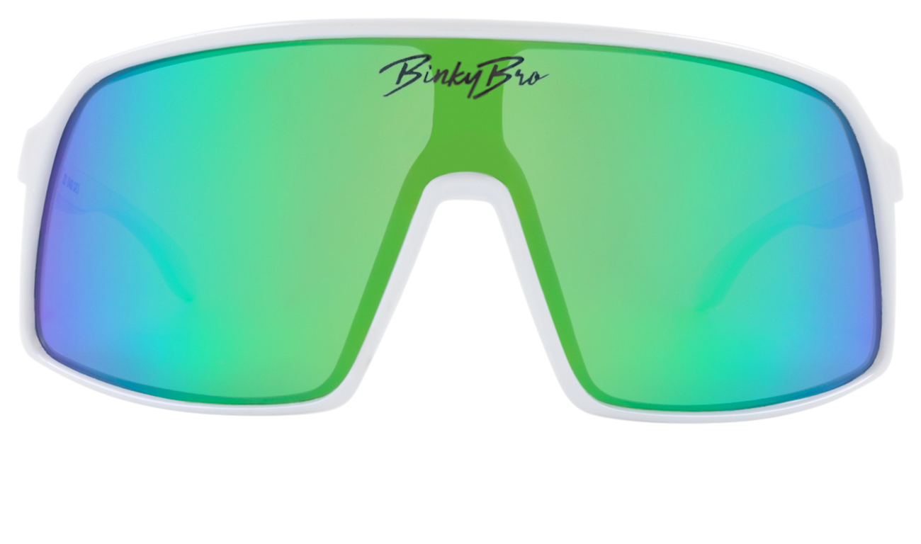 Stylish Monteverde sunglasses with a green and blue mirrored lens and a white frame, perfect for kids' outdoor adventures.