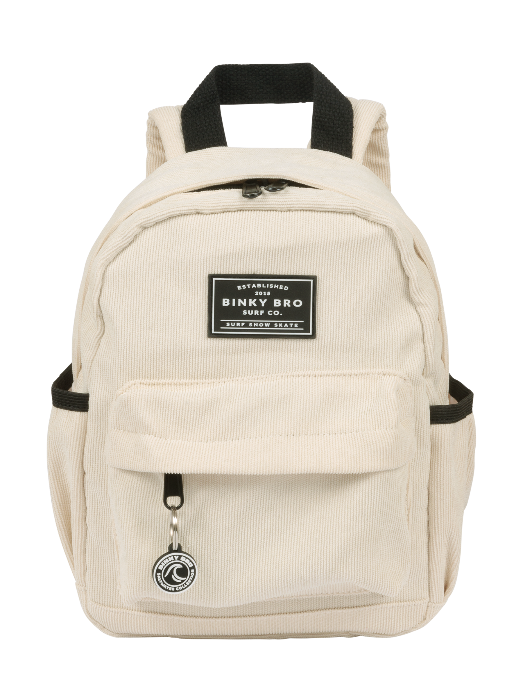 Cream cord backpack featuring a front pocket and Binky Bro logo, designed for stylish kids' adventures.