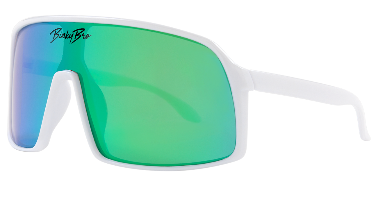 Stylish Monteverde sunglasses with green mirrored lenses and a white frame, perfect for outdoor adventures.