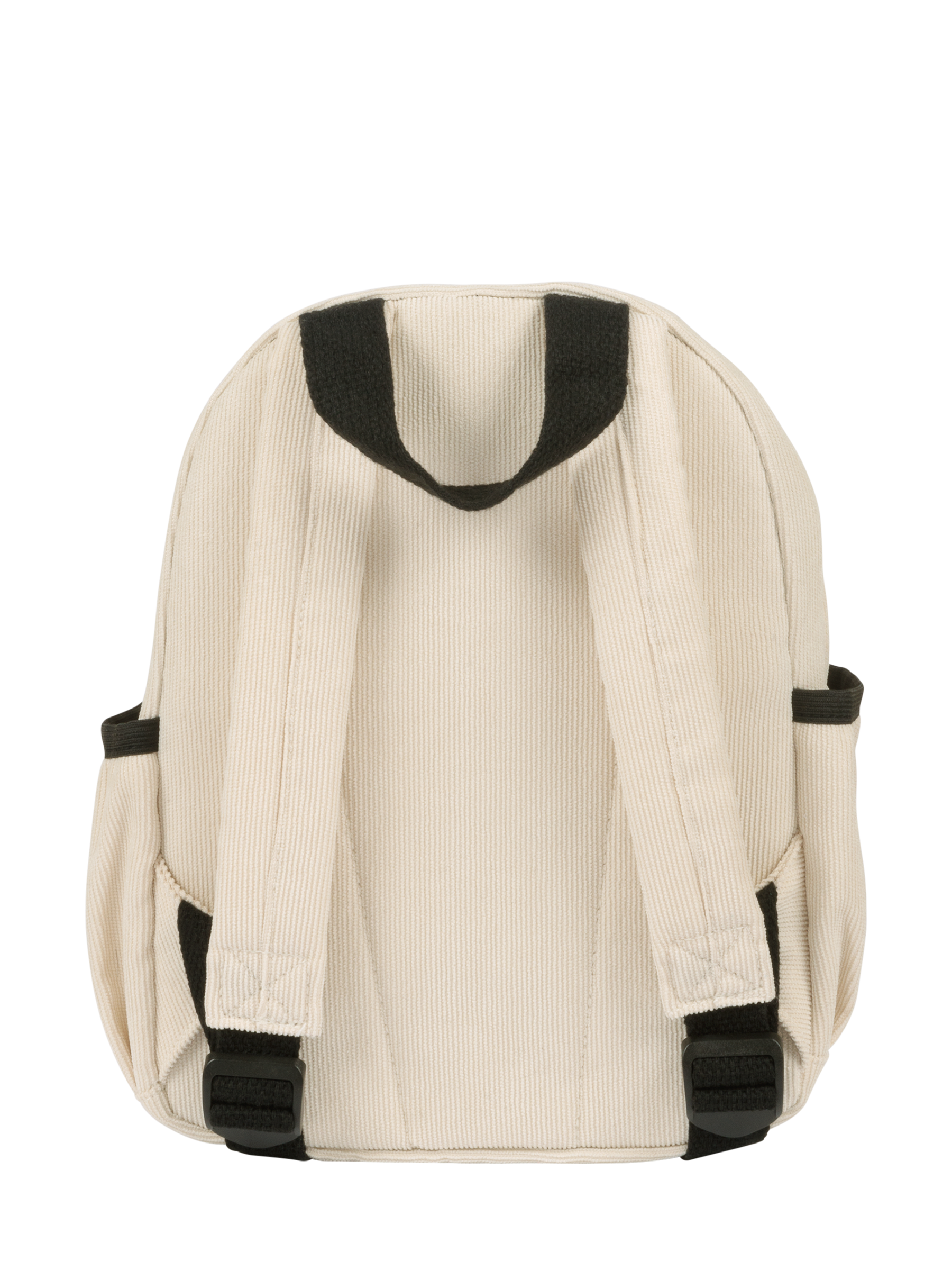 Cream cord backpack featuring black straps and pockets, perfect for stylish kids on the go. Ideal for everyday adventures.