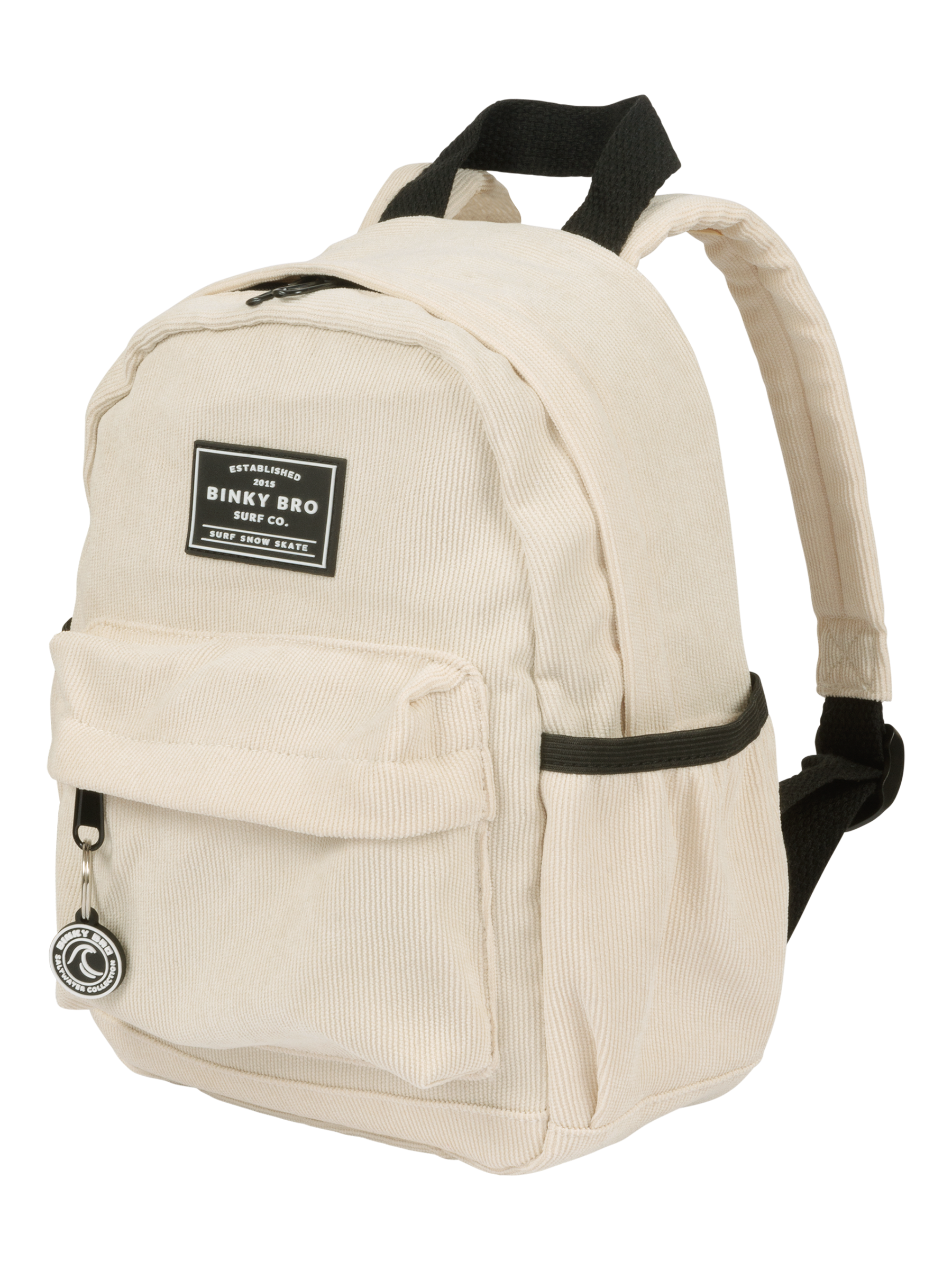 Cream cord backpack featuring a front pocket and adjustable straps, ideal for kids' stylish everyday use.
