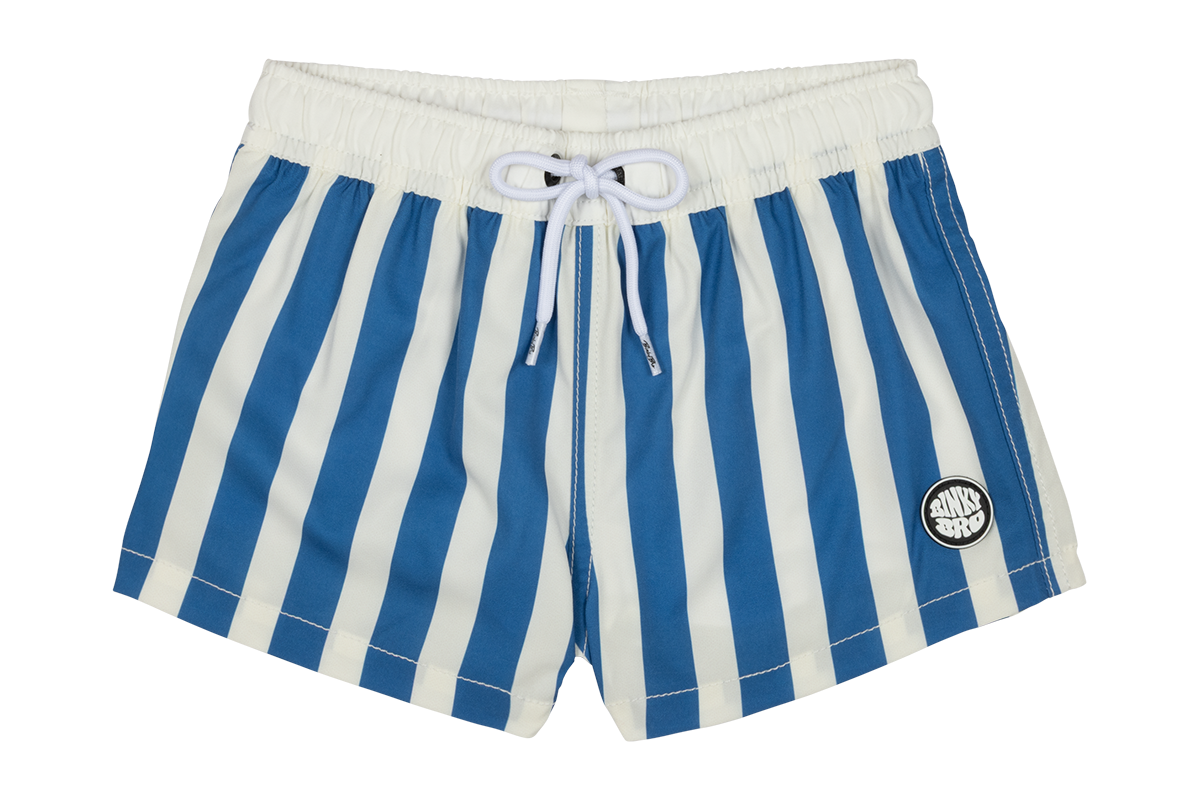 Stylish blue and white striped swim shorts with an elastic waistband and logo patch, perfect for summer adventures.