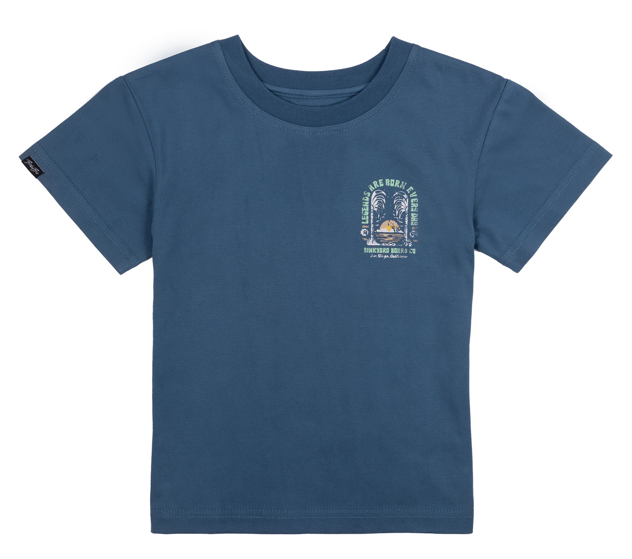 Blue Yamba Surf t-shirt featuring a colorful graphic design on the chest, perfect for kids who love surf culture.