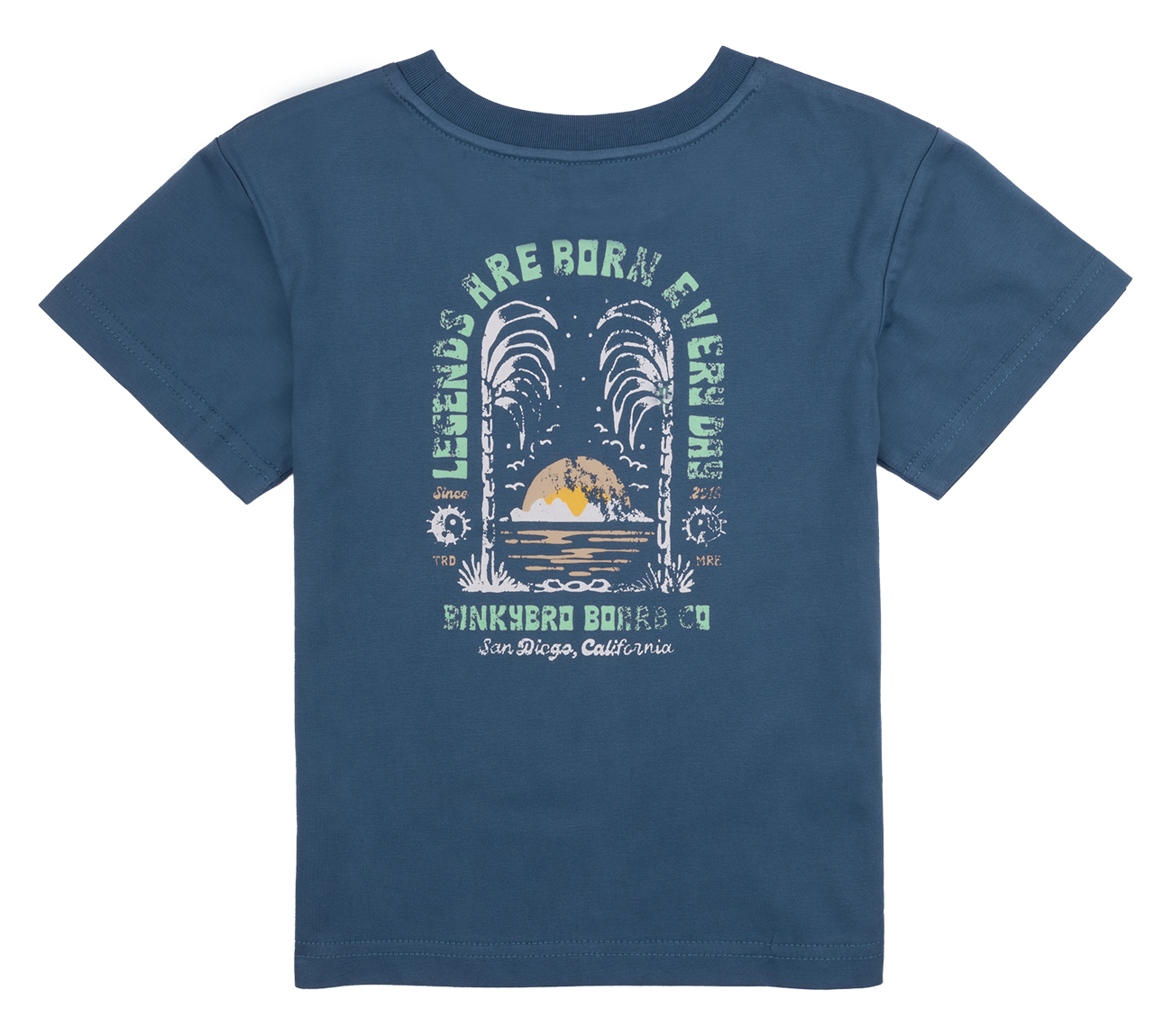 Blue Yamba Surf t-shirt featuring a graphic design of palm trees and mountains with the text "Legends Are Born Everywhere.