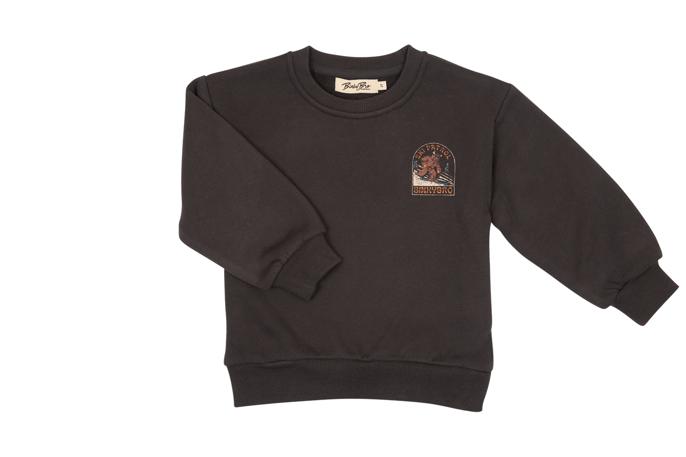 Cozy black sweatshirt featuring a colorful graphic design, perfect for stylish comfort in any casual setting.