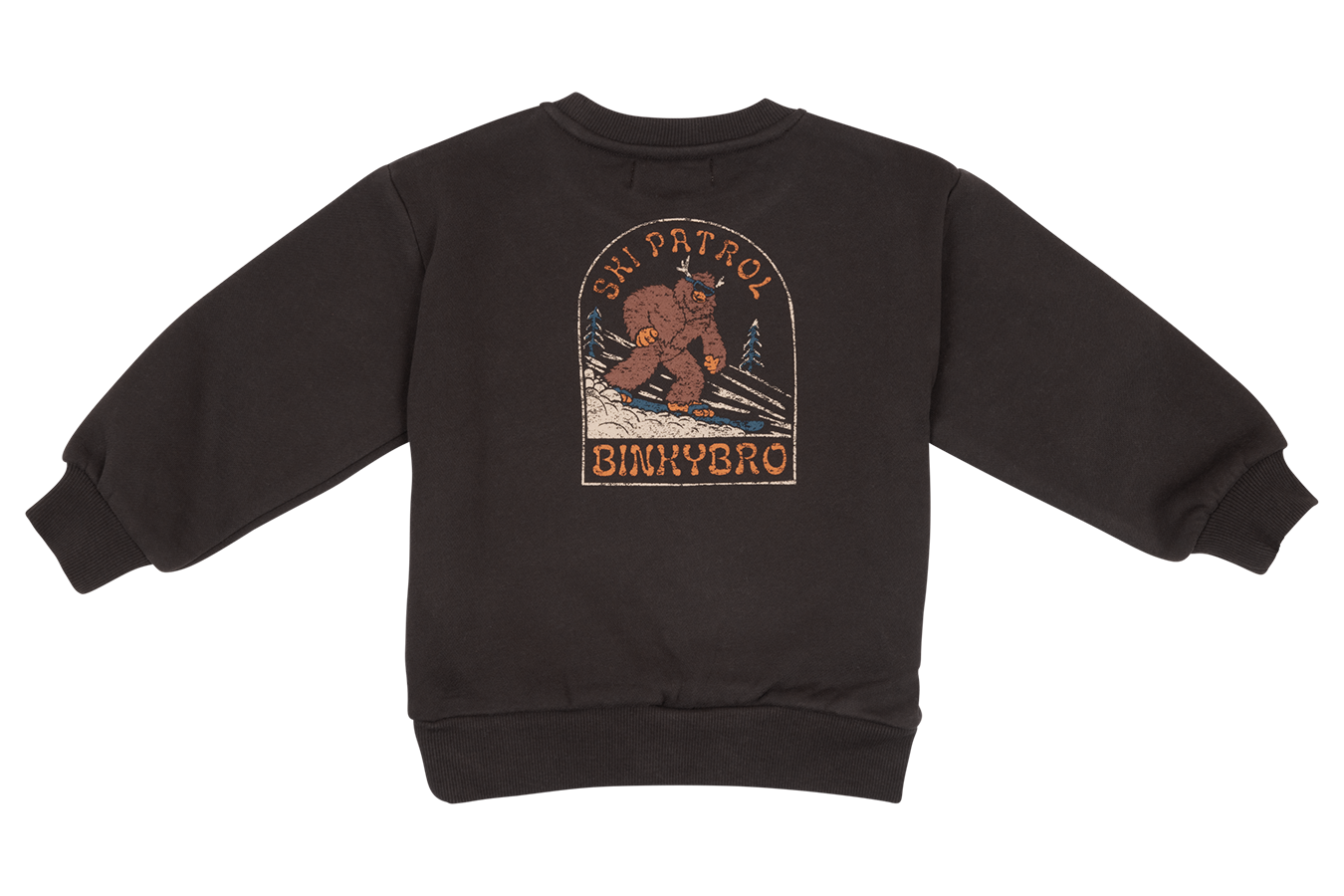 Black sweatshirt featuring a retro ski patrol graphic with a bear, designed for kids by BinkyBro. Perfect for winter adventures.