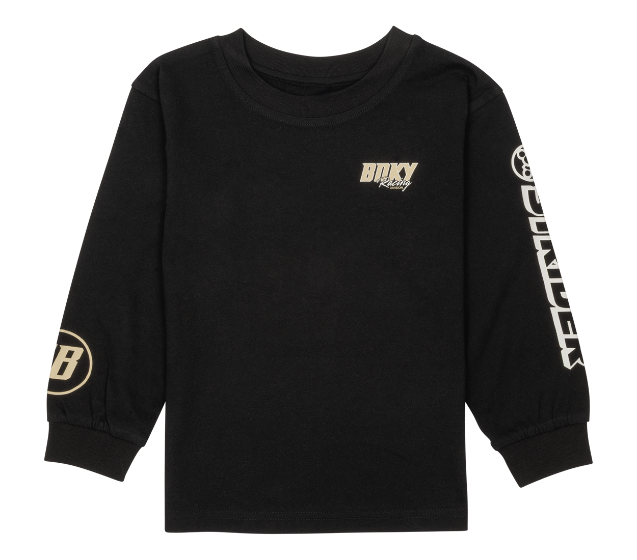 Black long-sleeve shirt featuring BNKY Racing logo on the front and "Rider" text on the sleeve, designed for kids.