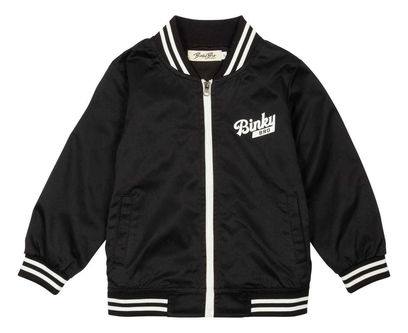 Stylish black bomber jacket with white stripes and Binky Bro logo, designed for infants and toddlers.