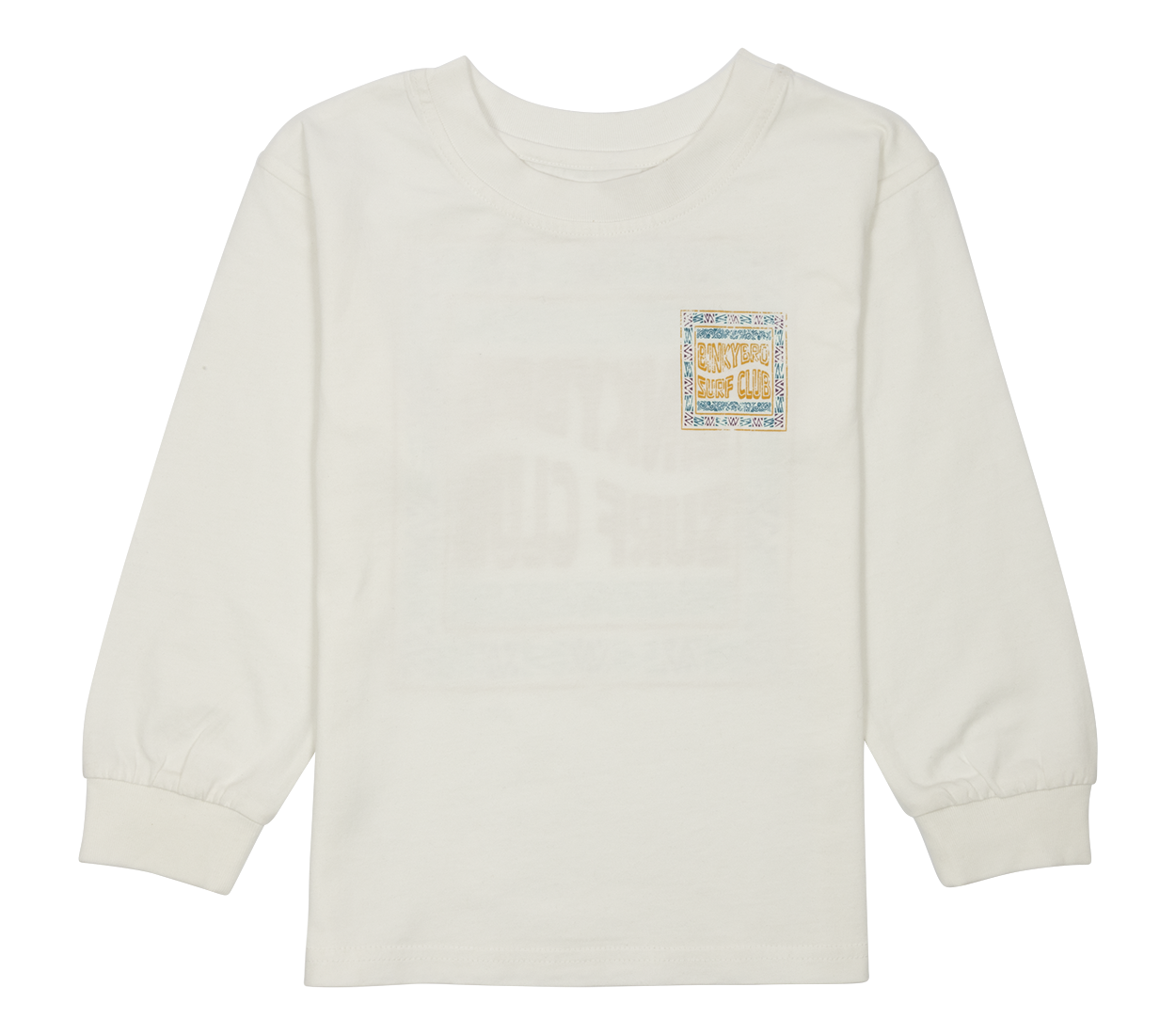 White long-sleeve shirt featuring a colorful graphic on the chest, designed for infants and toddlers.