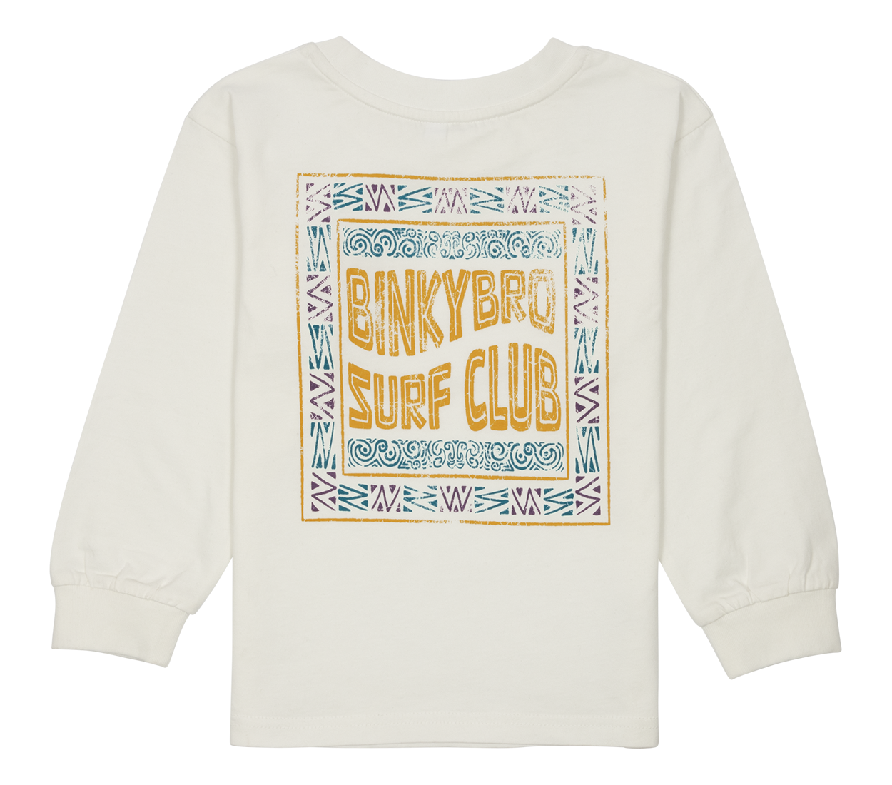 White long-sleeve shirt featuring a colorful "BinkyBro Surf Club" graphic on the back, perfect for kids' casual wear.