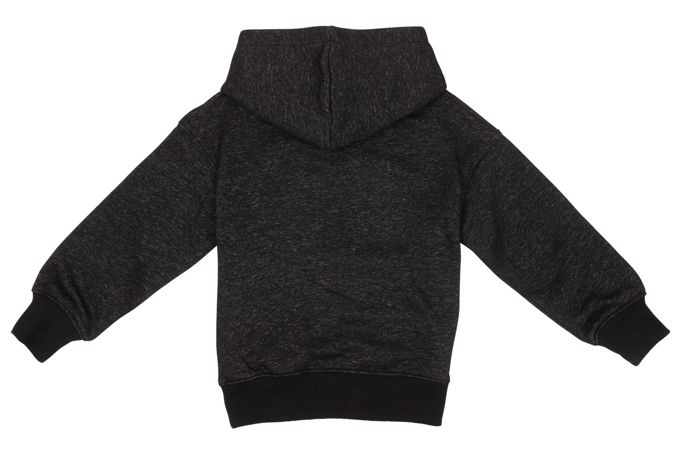 Back view of a black hoodie featuring a classic design, perfect for infants and toddlers with a stylish, comfortable fit.